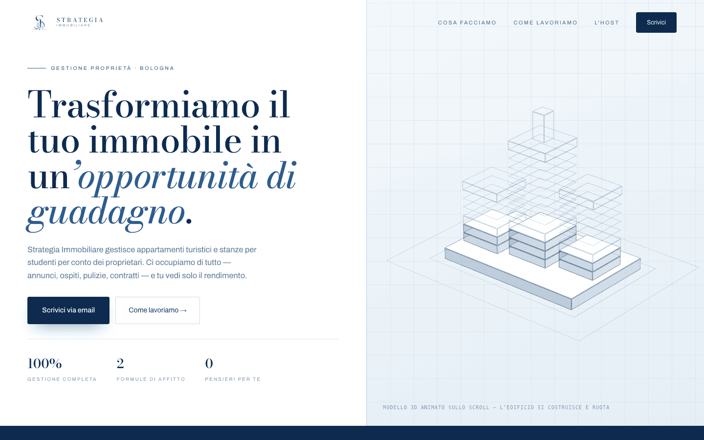 Home di Strategia Immobiliare: a sinistra il titolo “Trasformiamo il tuo immobile in un’opportunità di guadagno” con i pulsanti di contatto, a destra il modello 3D isometrico di un edificio disegnato su griglia tecnica.