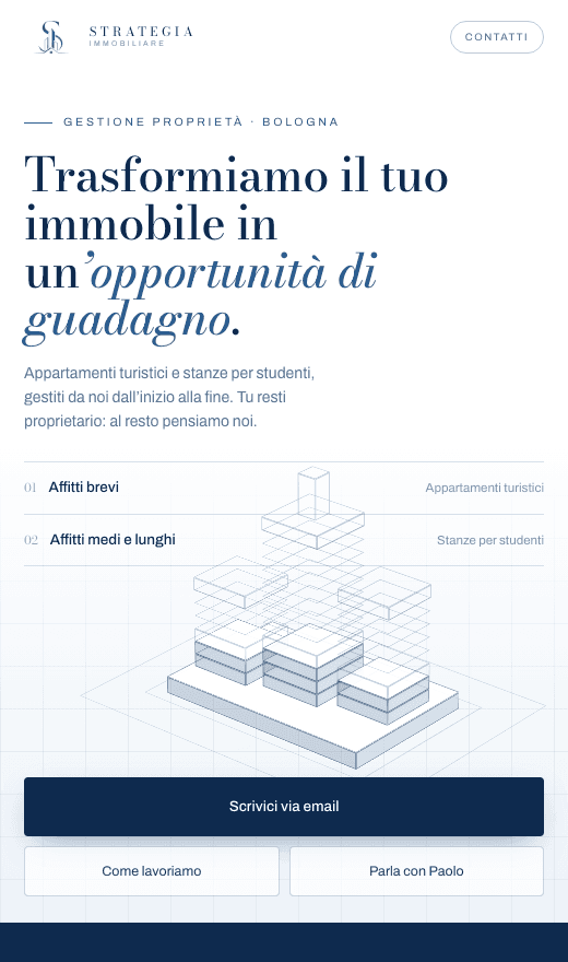 La home di Strategia Immobiliare vista da telefono: titolo, le due formule di affitto e il modello 3D dell'edificio ridisposti in colonna.