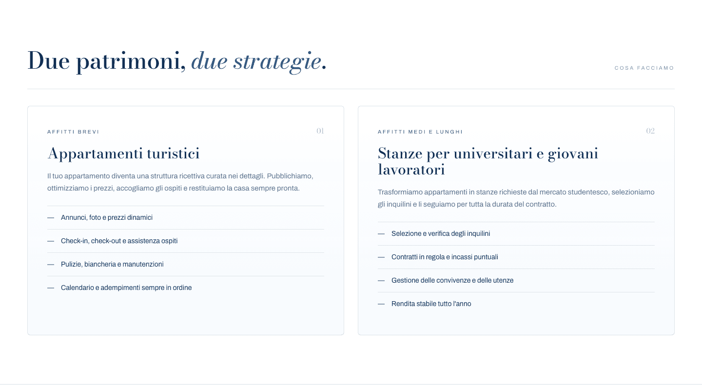 Sezione “Due patrimoni, due strategie” del sito Strategia Immobiliare, con le due schede affiancate: appartamenti turistici e stanze per universitari, ciascuna con l'elenco di cosa è compreso.