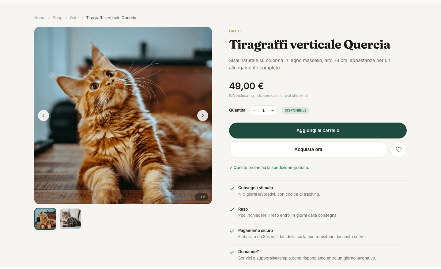 Scheda prodotto di Pawtner: galleria immagini a sinistra, a destra nome, prezzo, quantità, disponibilità, pulsanti per aggiungere al carrello e acquistare subito, e informazioni su consegna, reso e pagamento sicuro.